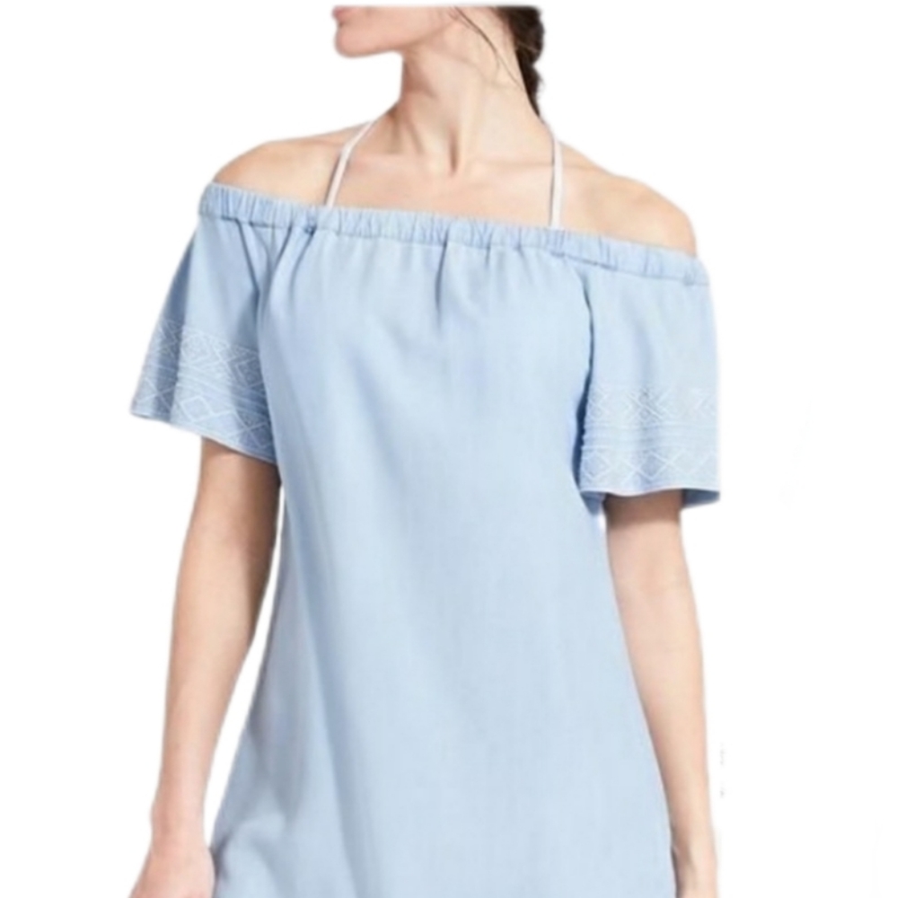 Athleta Boho Off Shoulder Dress Denim Aztec Embroidered Short Sleeve Blue Small